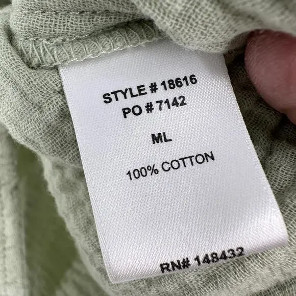 Be Cool Womens M/L Sage Green Gauze Cotton Button Front Roll Tab Oversized Top - Picture 6 of 12